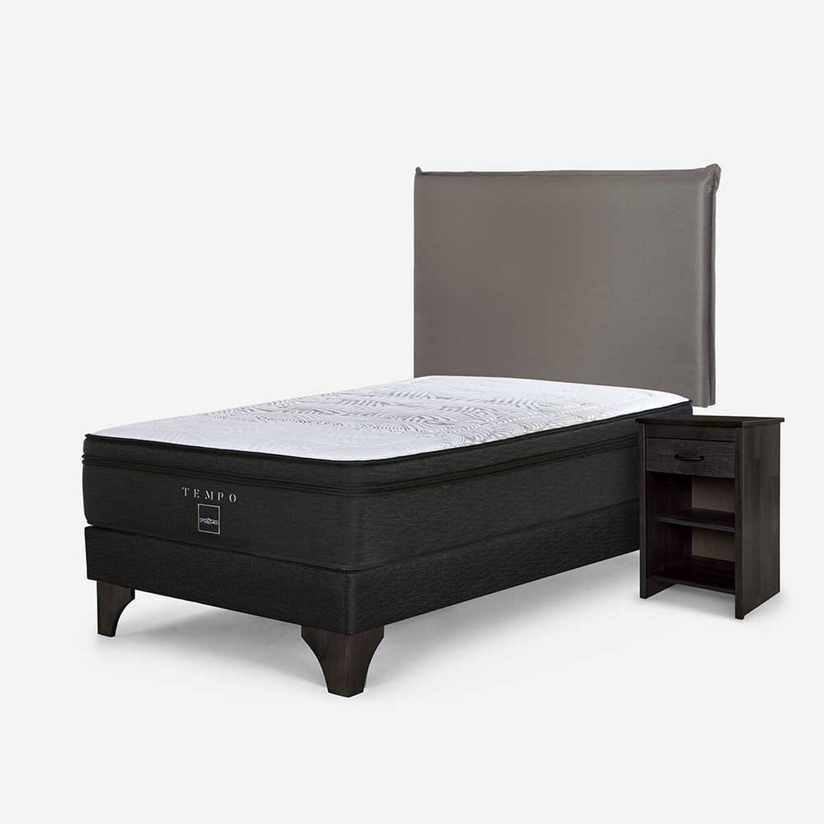 Cama Europea Rosen 1,5 Plazas Tempo + Respaldo + Velador Maurice Gris