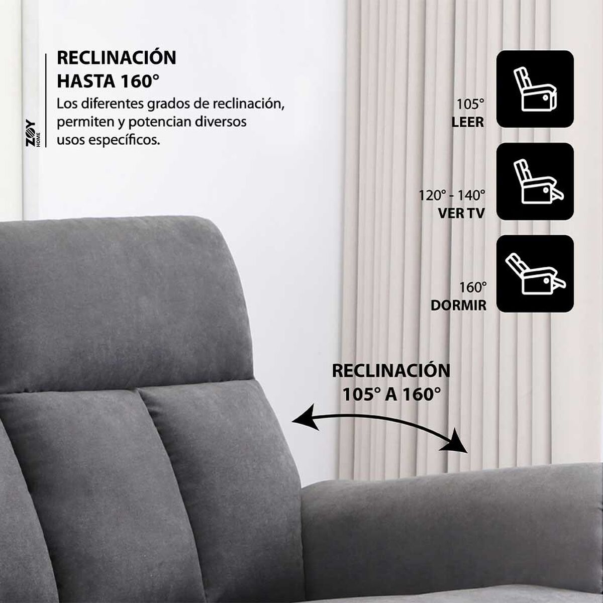Sof&aacute; Reclinable Zoy Home Beijing 3 Cuerpos Grafito