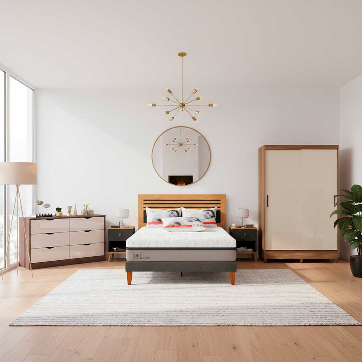 Combo Cama Europea CIC 2 Plazas Balance + Respaldo 2 Plazas + 2 Veladores Casanova Caroline Natural + Cl&oacute;set Casanova Fit 2 Puertas Correderas Jequitiba + C&oacute;moda Casanova Pisa 6 Cajones Nogal Off White + Pack Almohadas Celta Imperial Soft 65 x 45 cm