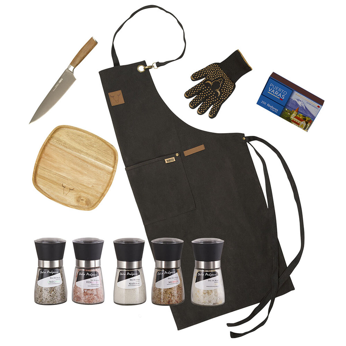 Set Parrillero Wayu Delantal + Guante Pro + Plato de Madera + Cuchillo Chef + Mix de Sales + Caja Fósforos