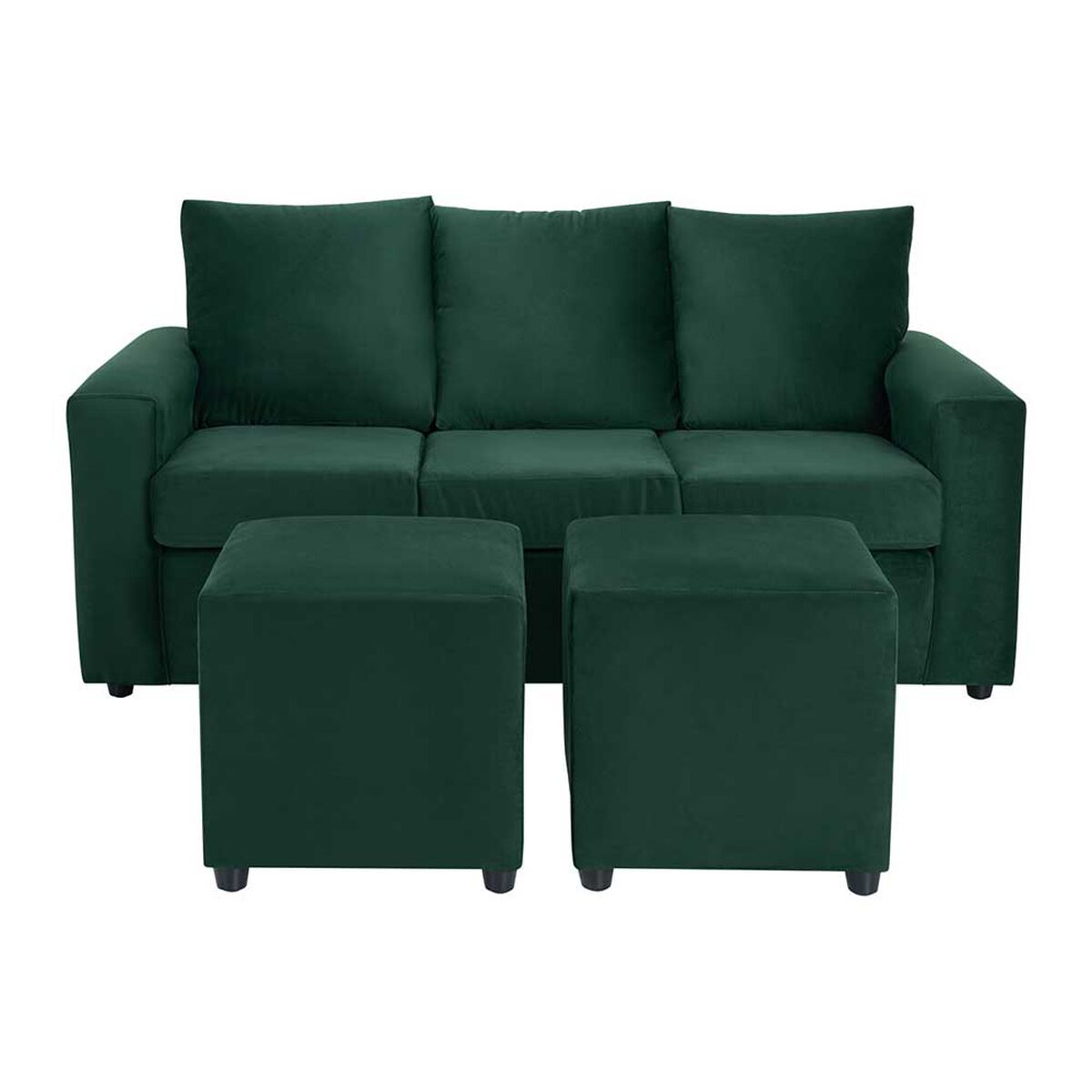 Juego de Living Bodevir Kendy Felpa 3 Cuerpos + Dos Poufs 1 Cuerpo Verde Botella