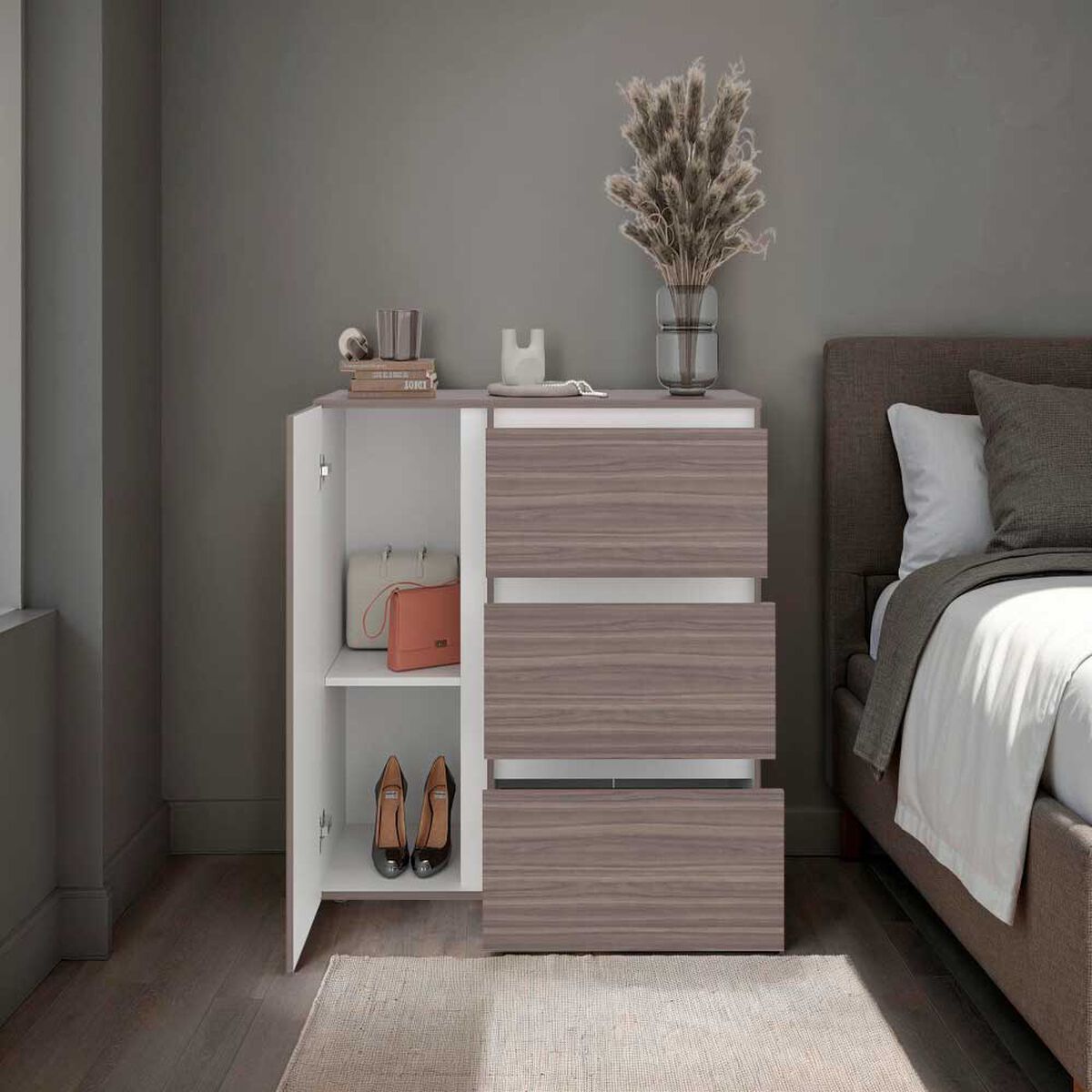 C&oacute;moda Tuhome Niza 3 Cajones Avellana Blanco