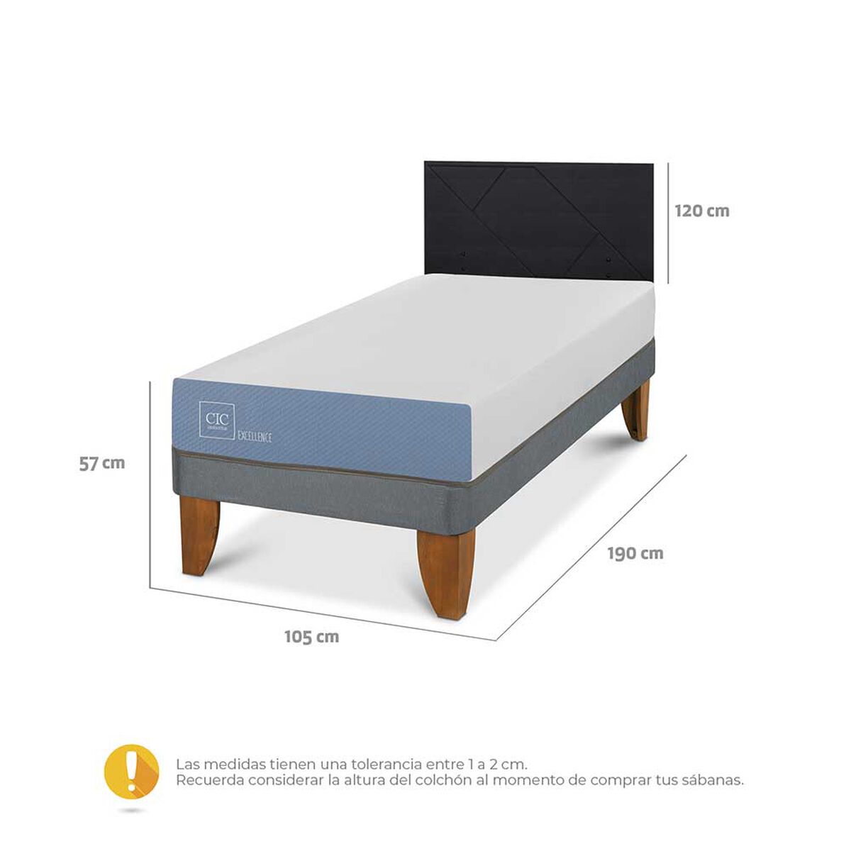 Cama Europea CIC 1,5 Plazas Excellence + Respaldo Villarrica Negro