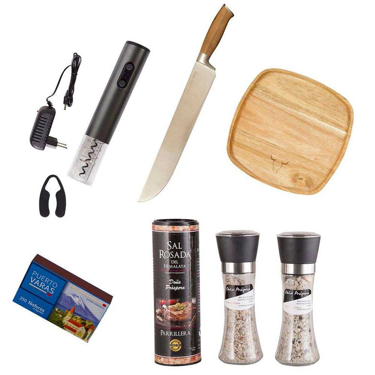 Set Parrillero Wayu Cuchillo Carnicero + Plato de Madera + Sacacorchos Electrico + Mix de Sales + Caja F&oacute;sforos