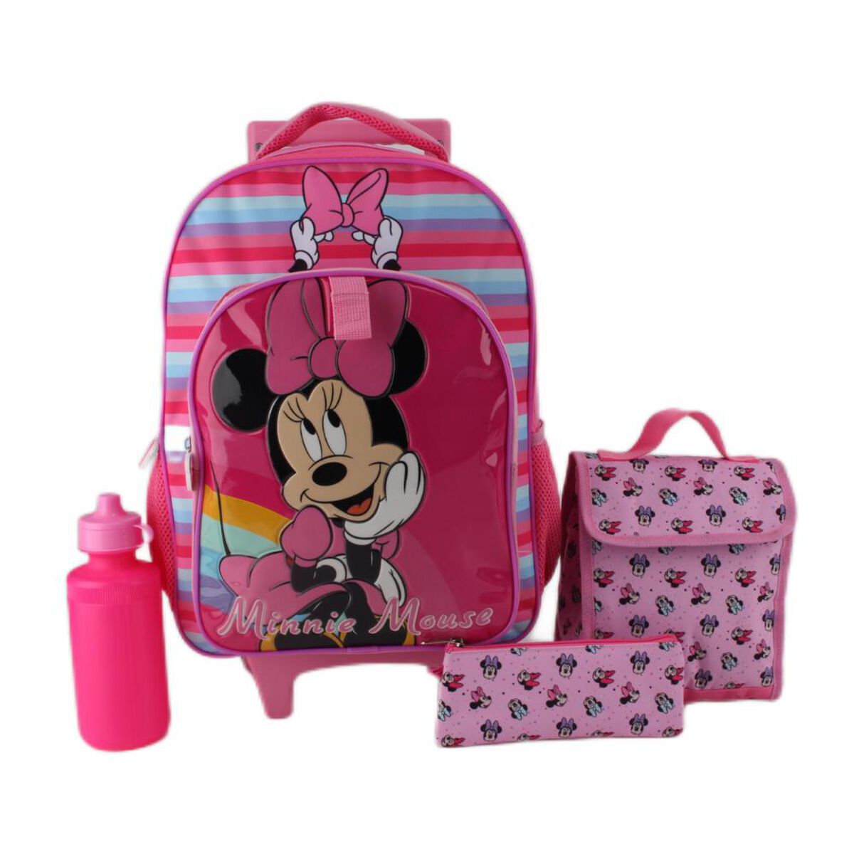 Pack 4 Piezas Mochila con Ruedas, Lonchera, Estuche y Botella de Agua Minnie