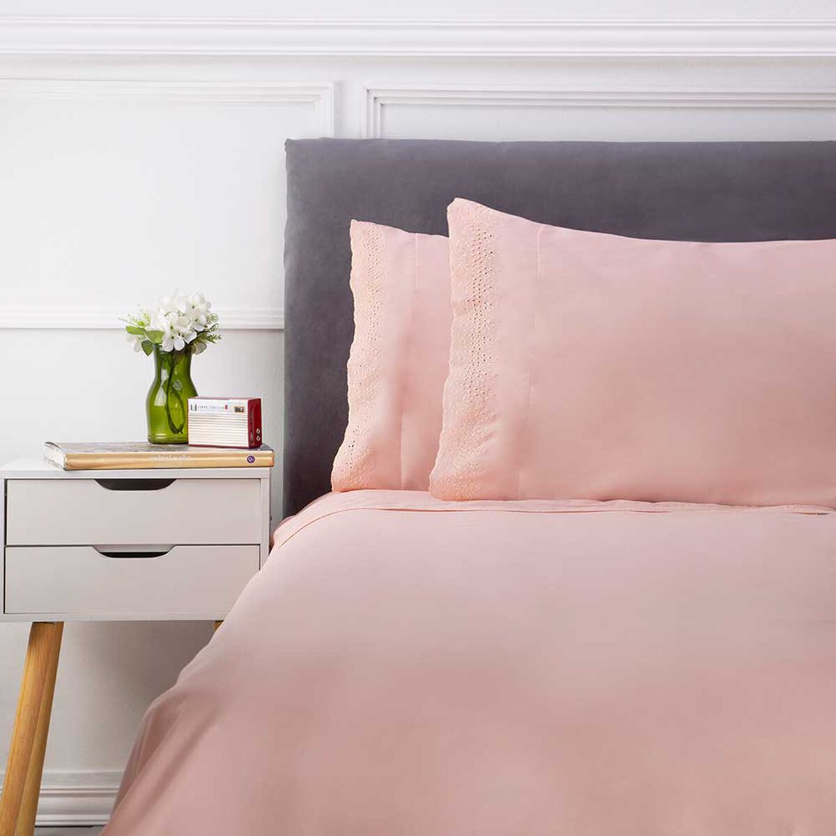 Juego de Sábanas Broderie Dreams 1,5 Plazas Liso Rosa