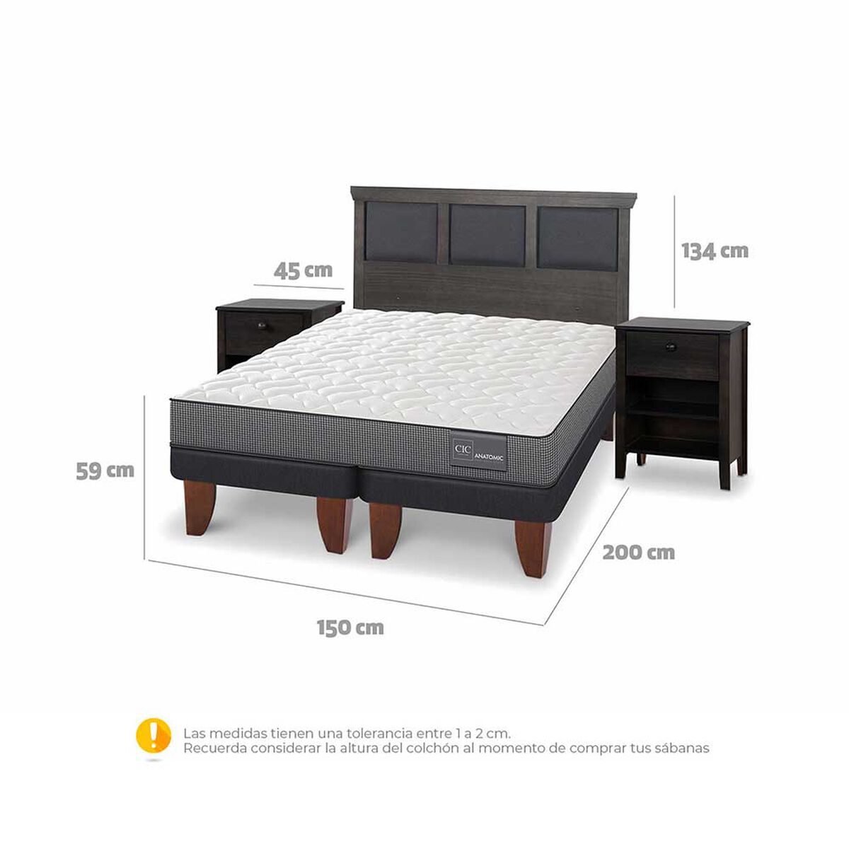 Cama Europea CIC Base Dividida 2 Plazas Anatomic + Respaldo + 2 Veladores Torino