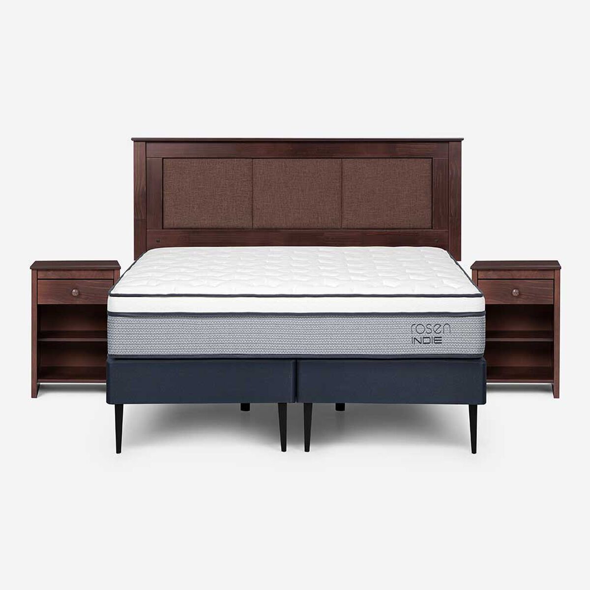 Cama Europea Rosen Base Dividida 2 Plazas Indie + Respaldo + 2 Veladores Rachel
