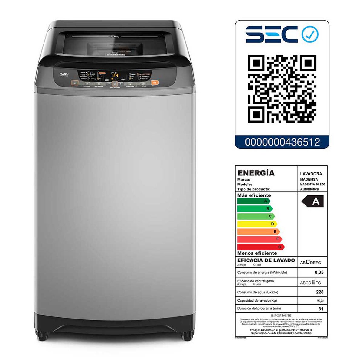 Lavadora Automática Mademsa 20 SZG 20 kg.
