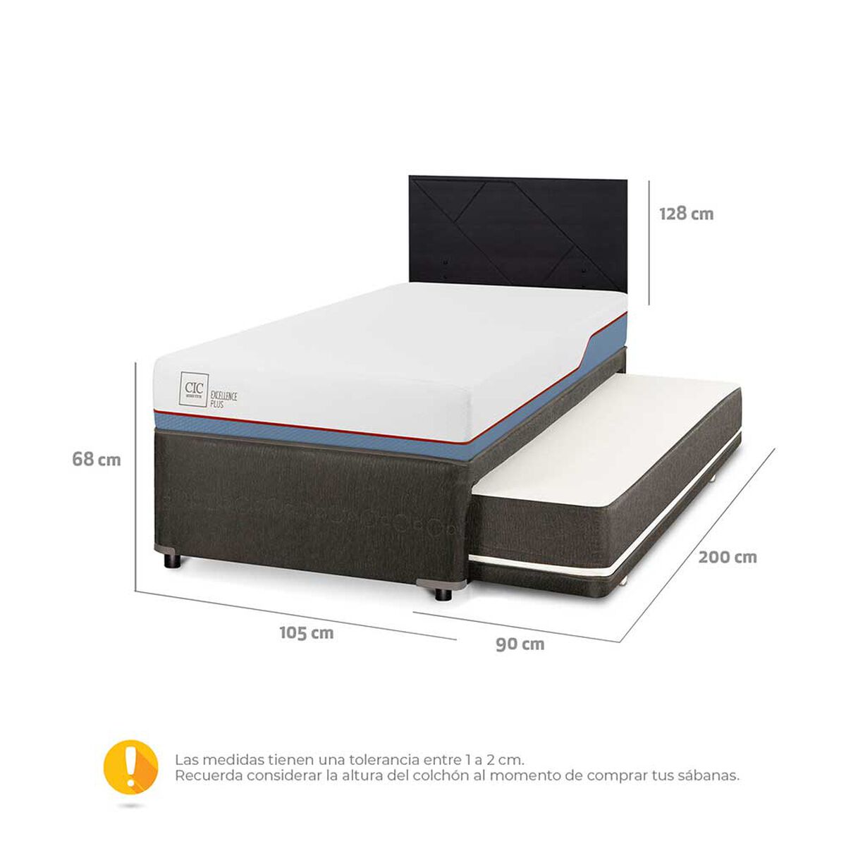 Cama Nido CIC 1,5 Plazas Excellence Plus + Respaldo Villarrica Negro