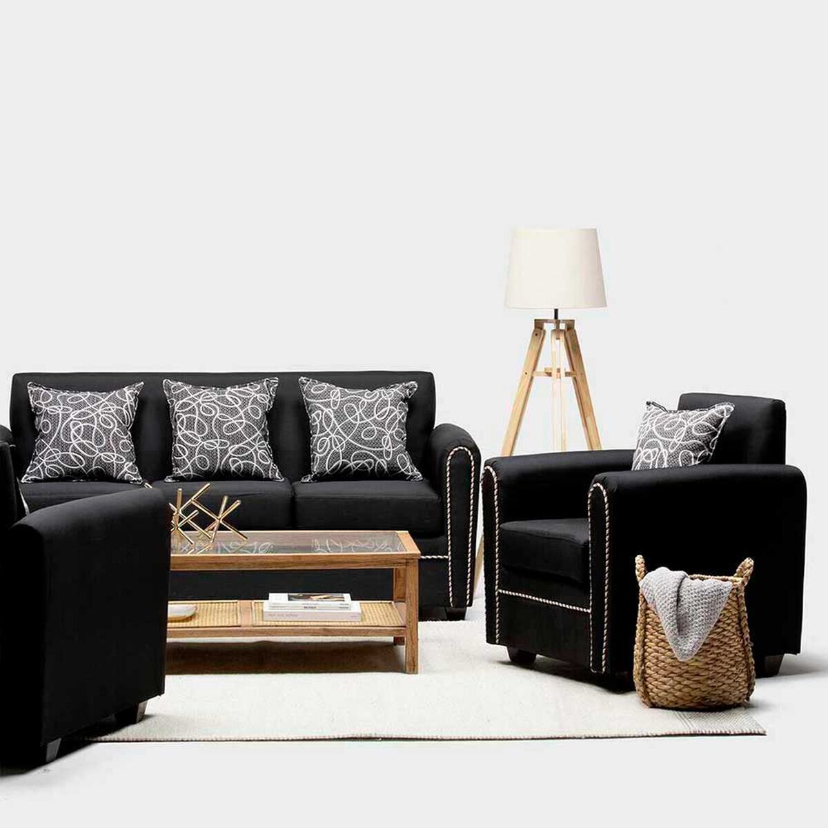 Juego de Living Almore Alemania Sof&aacute; 3 Cuerpos + Dos Sillones 1 Cuerpo Negro