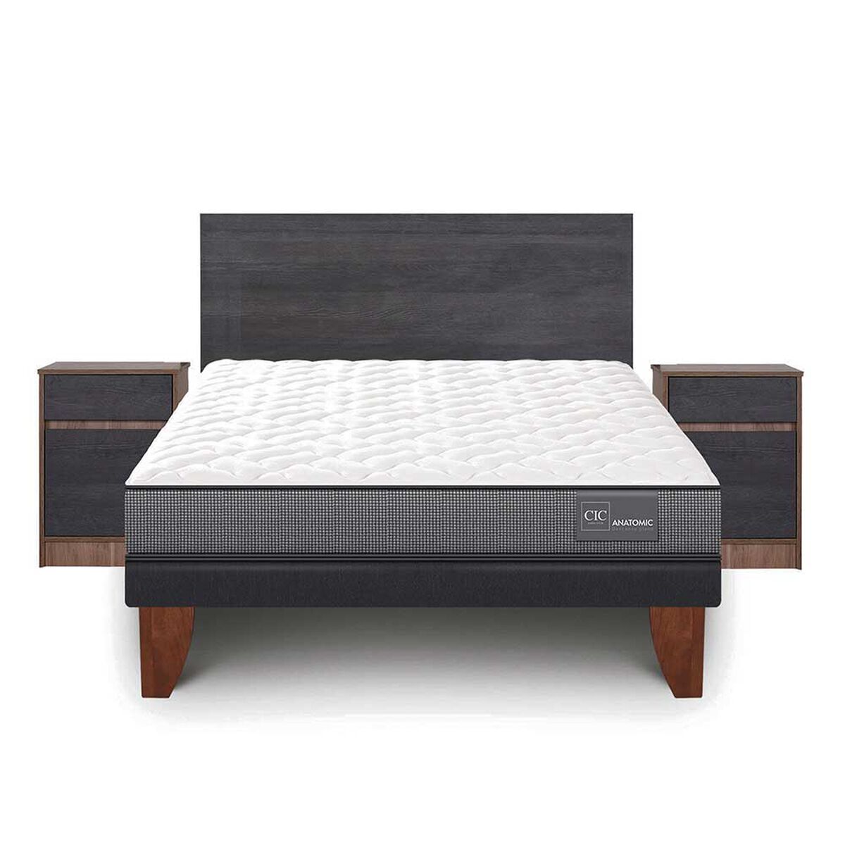 Cama Europea CIC 2 Plazas Anatomic + Respaldo + 2 Veladores Espresso