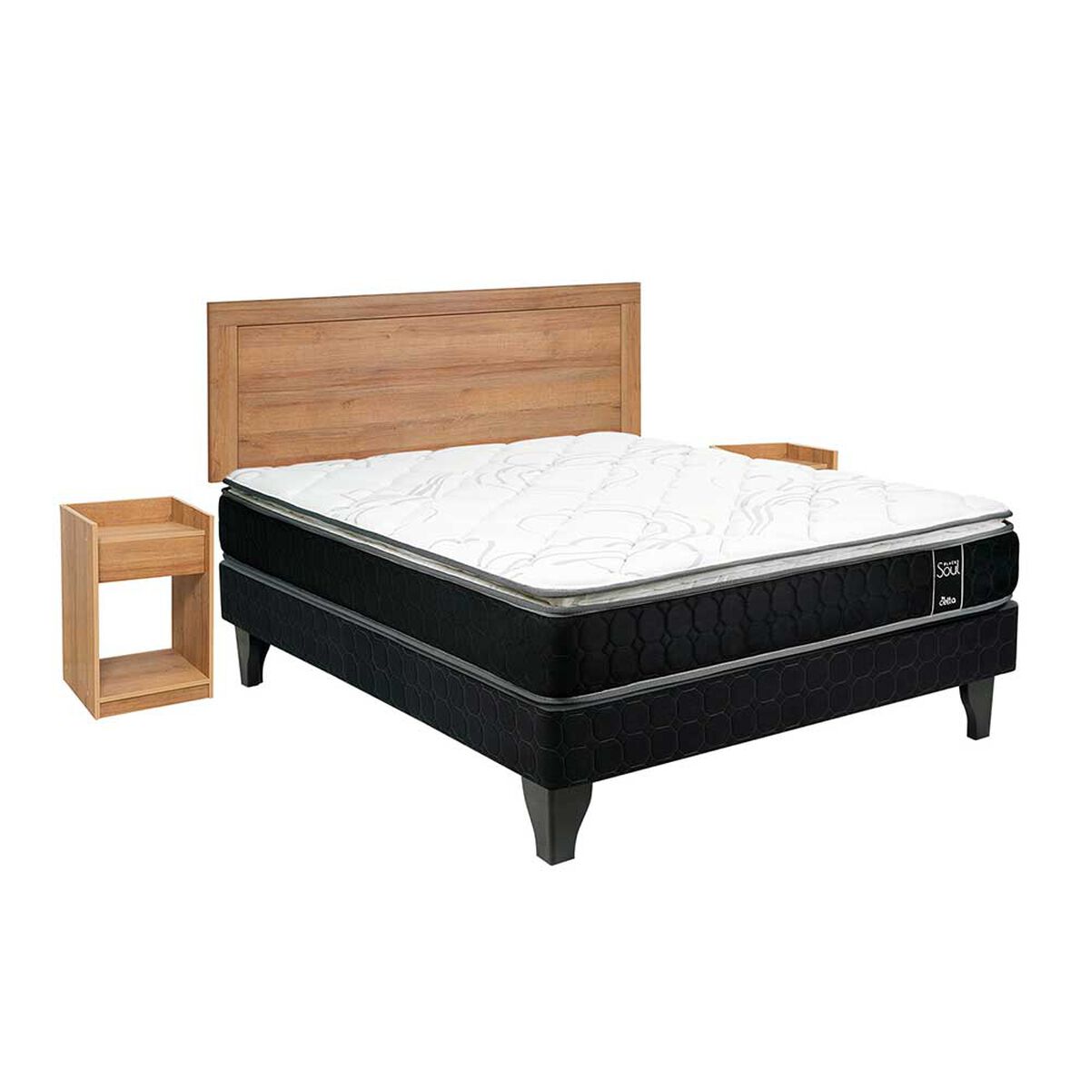 Cama Europea Celta 2 Plazas Black Soul + Respaldo + 2 Veladores Aura Honey