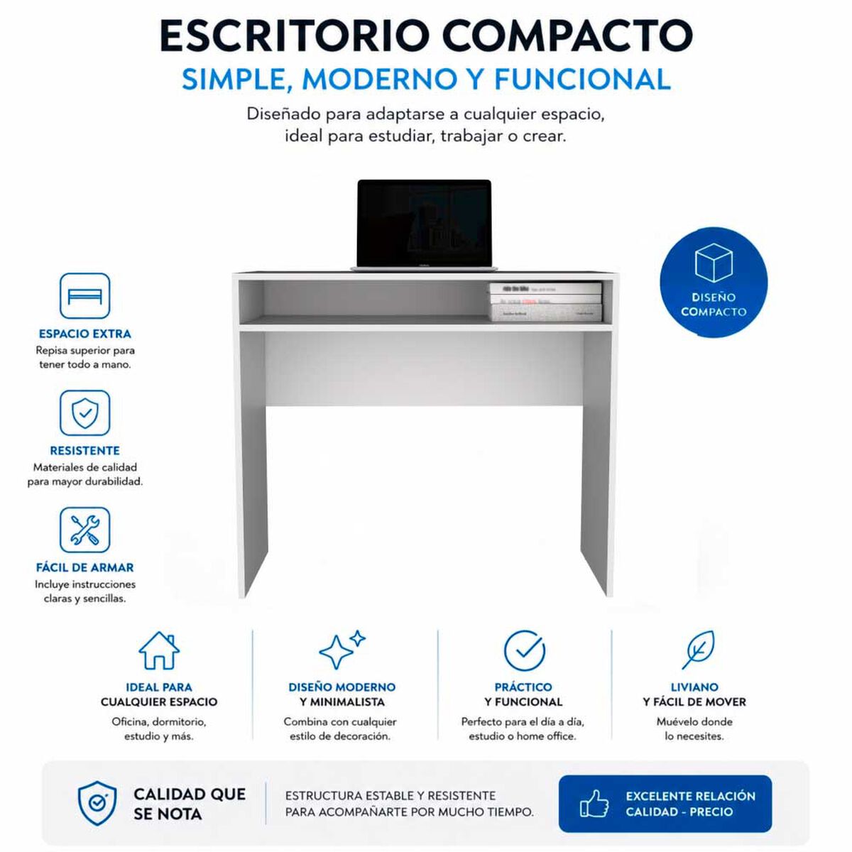 Combo Oficina Escritorio Blanco + Silla New York Negra y Azul Arthome
