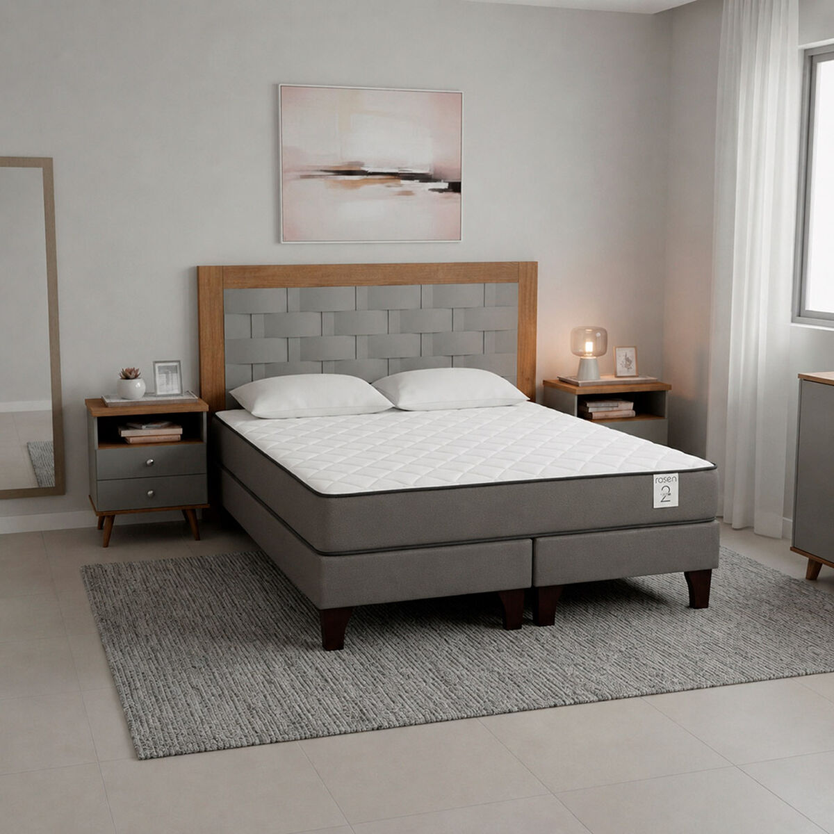 Cama Europea Rosen 2 Plazas New Style 2 Plus + Respaldo + 2 Veladores Dreams + Pack Almohadas Casa Linda