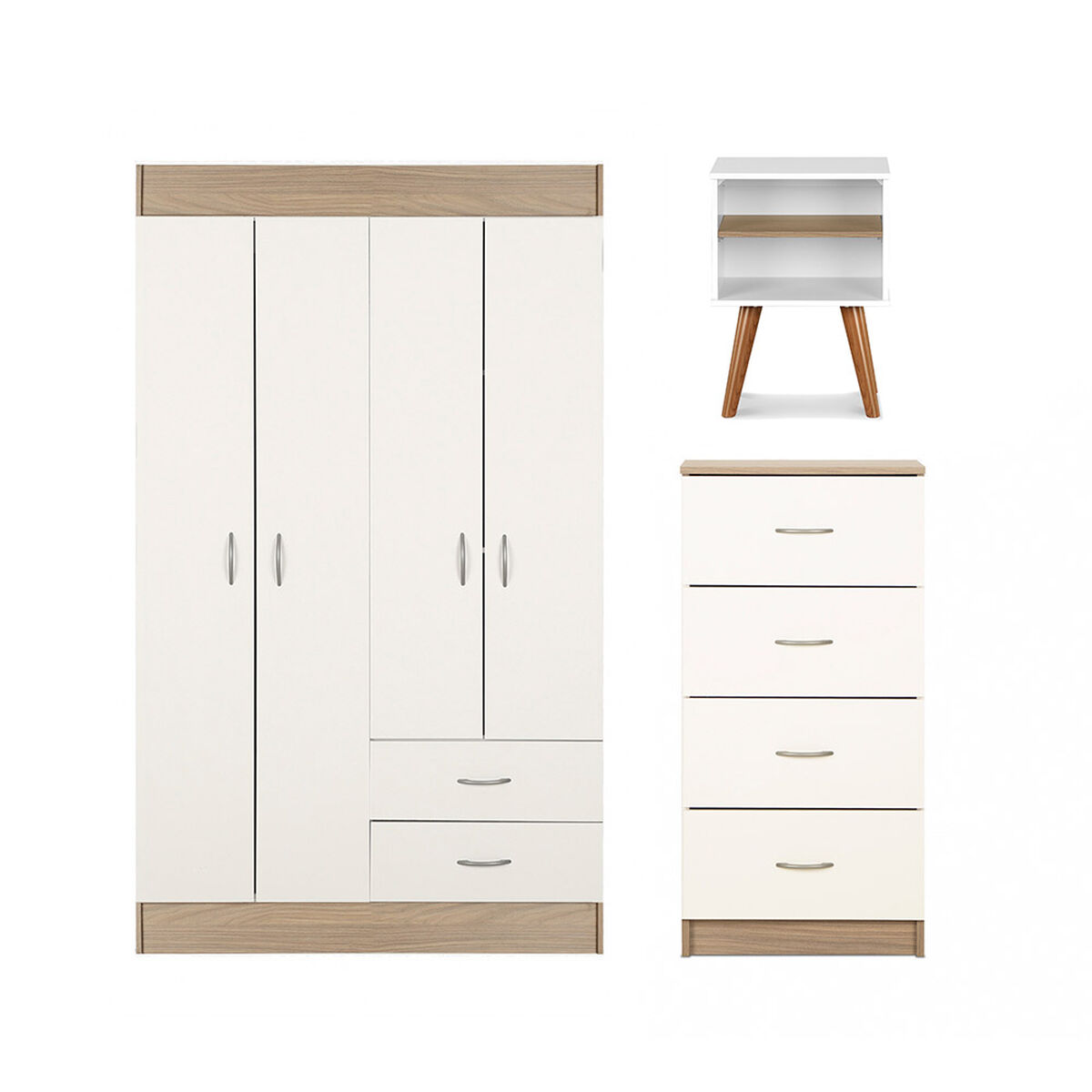 Combo Closet 4 Puertas 2 Cajones + Velador + C&oacute;moda 4 Cajones Stanford Blanco