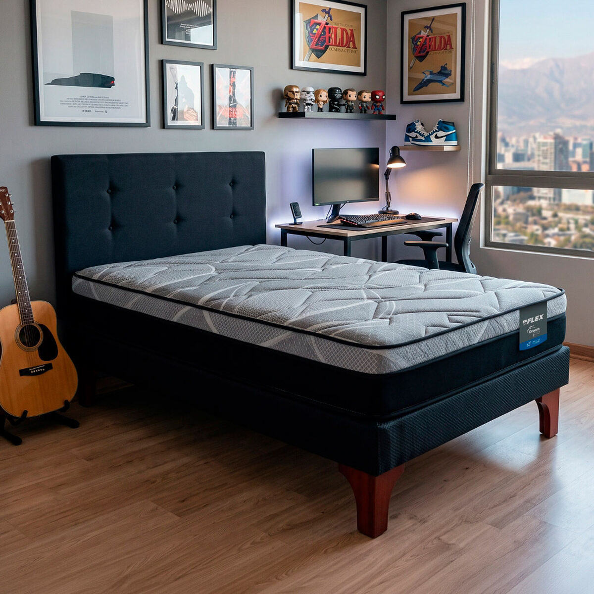 Cama Europea Flex 1,5 Plazas Dream Pro Box + Respaldo Royal Negro