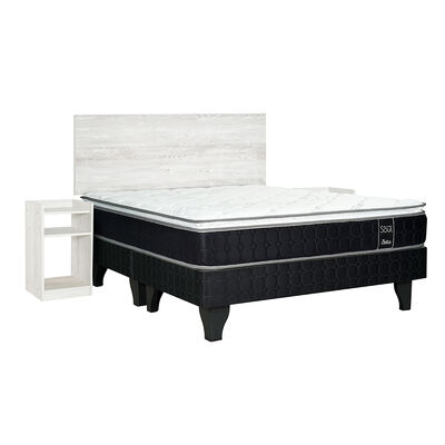 Cama Europea Celta Base Dividida 2 Plazas Black Soul + Respaldo + 2 Veladores Alba White