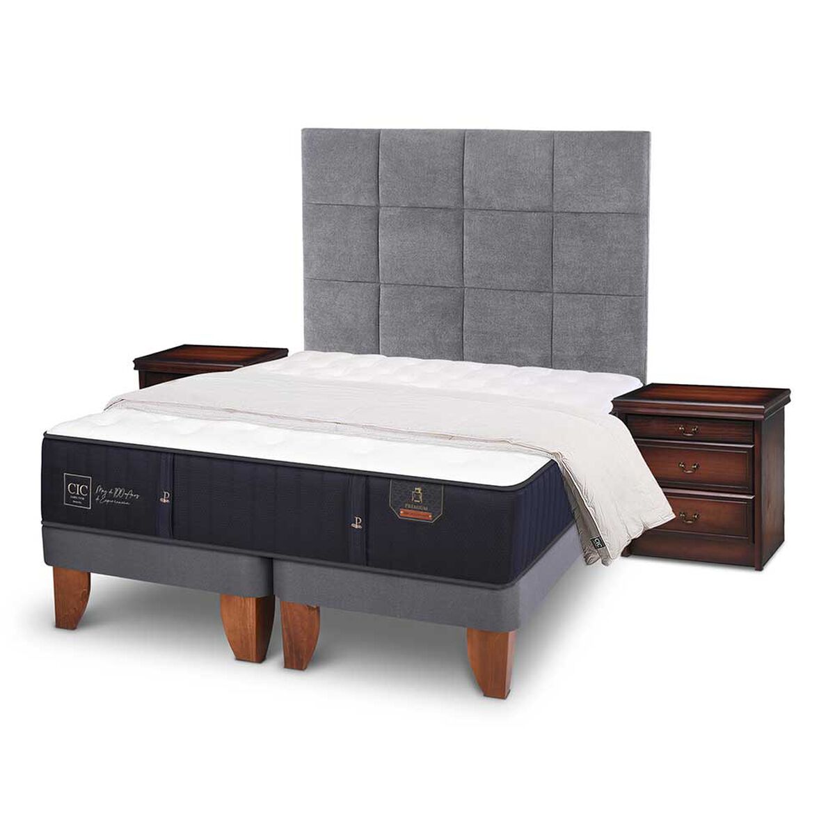 Cama Europea CIC Base Dividida S&uacute;per King Premium + Respaldo + Veladores + Plum&oacute;n Ganso