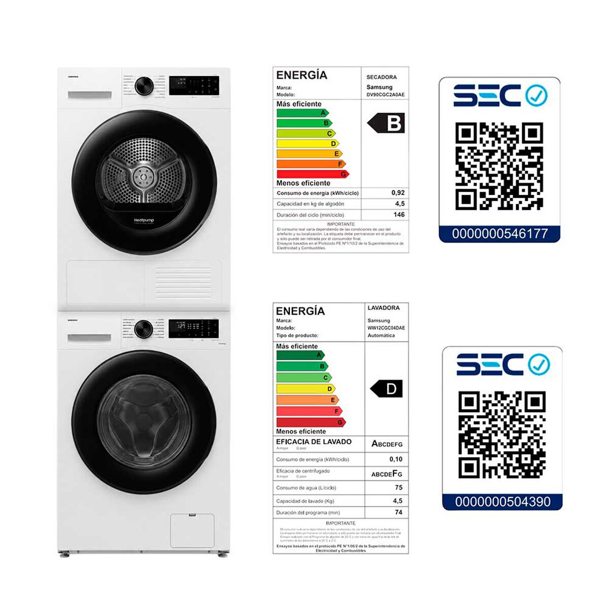 Lavadora Carga Frontal Samsung12 kg + Secadora Bomba de Calor con SmartThings 9kg + Kit apilamiento