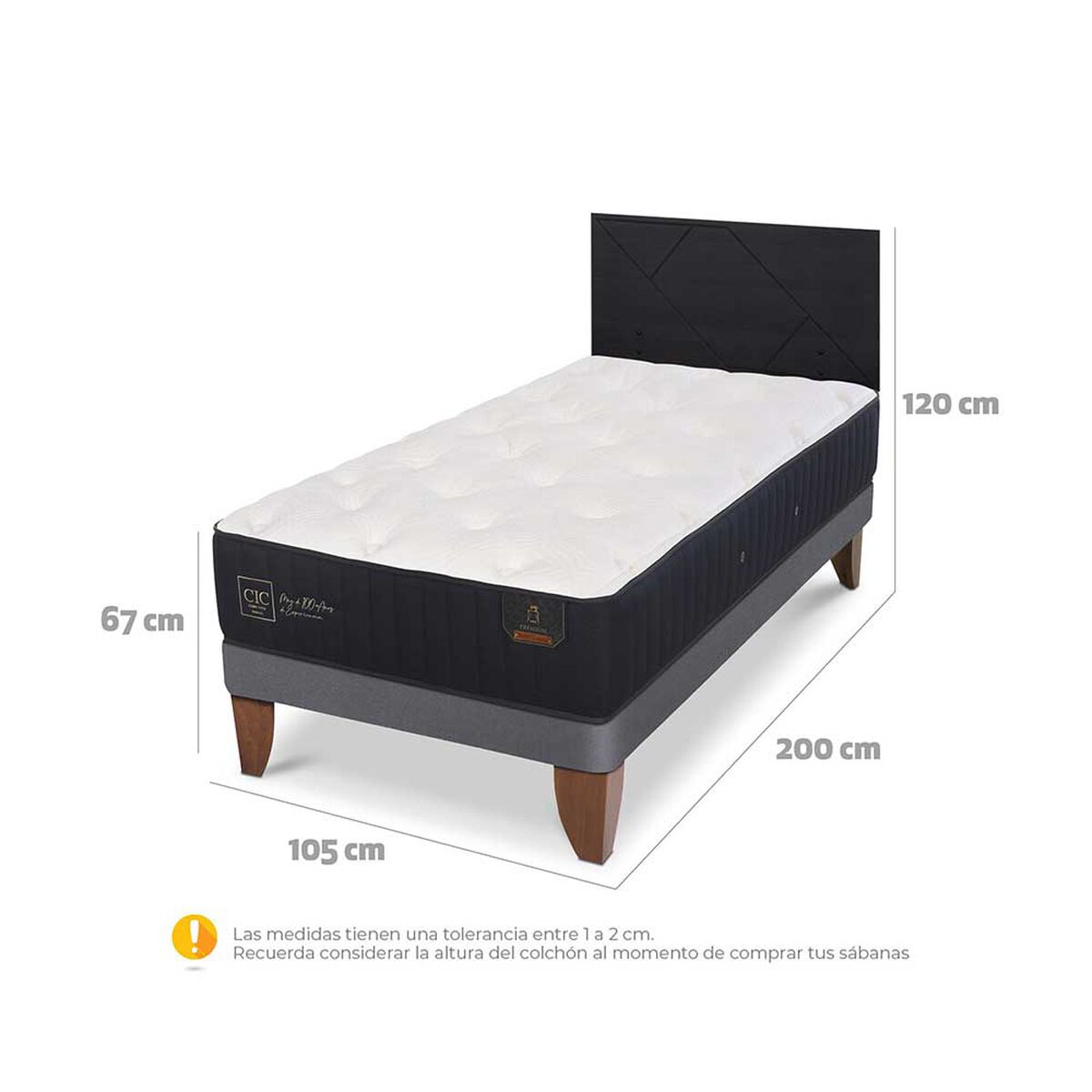Cama Europea CIC 1,5 Plazas Premium + Respaldo Villarrica Negro