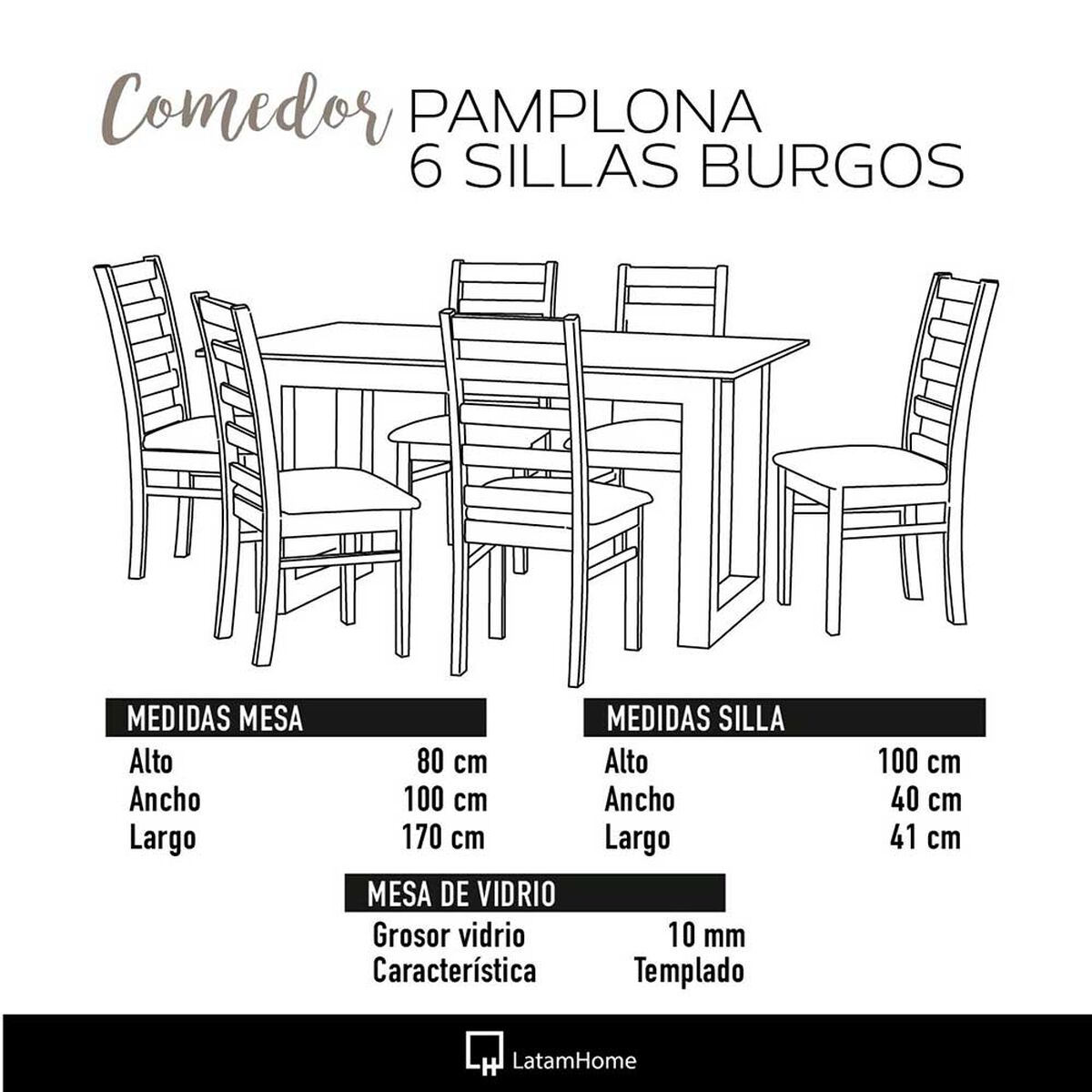 Juego de Comedor Latam Home Pamplona Murcia 6 Sillas Velvet Negro
