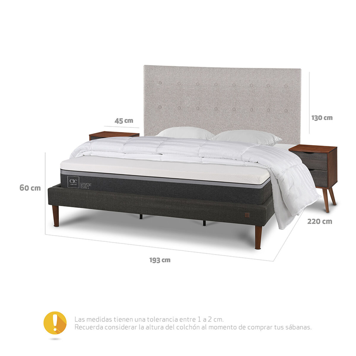 Cama Europea CIC King Ortopedic Advance + Respaldo Tigris + 2 Veladores + Almohadas + Plum&oacute;n