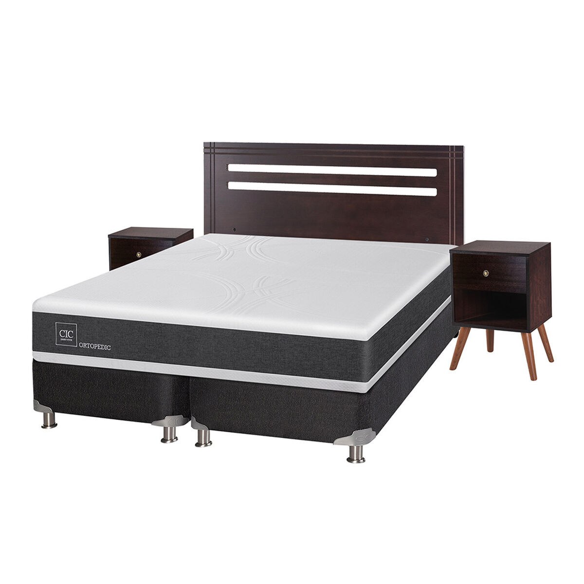Box Spring CIC Base Dividida 2 Plazas New Ortopedic + Respaldo + 2 Veladores New munich