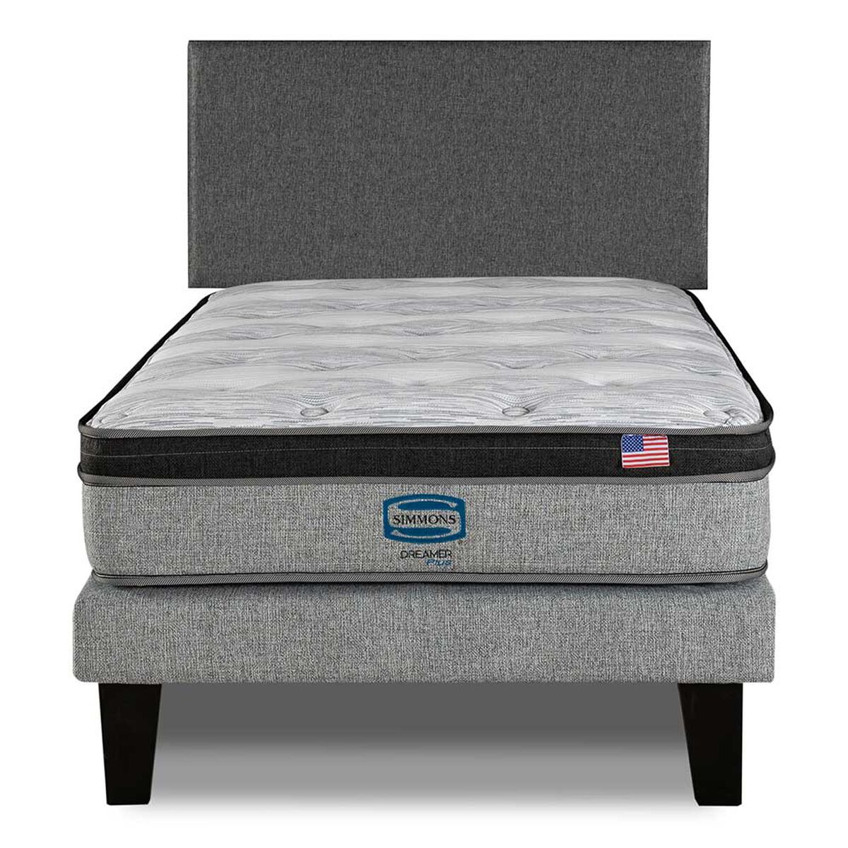 Cama Europea Simmons 1,5 Plazas Dreamer Plazasus Box + Respaldo Praga Gris