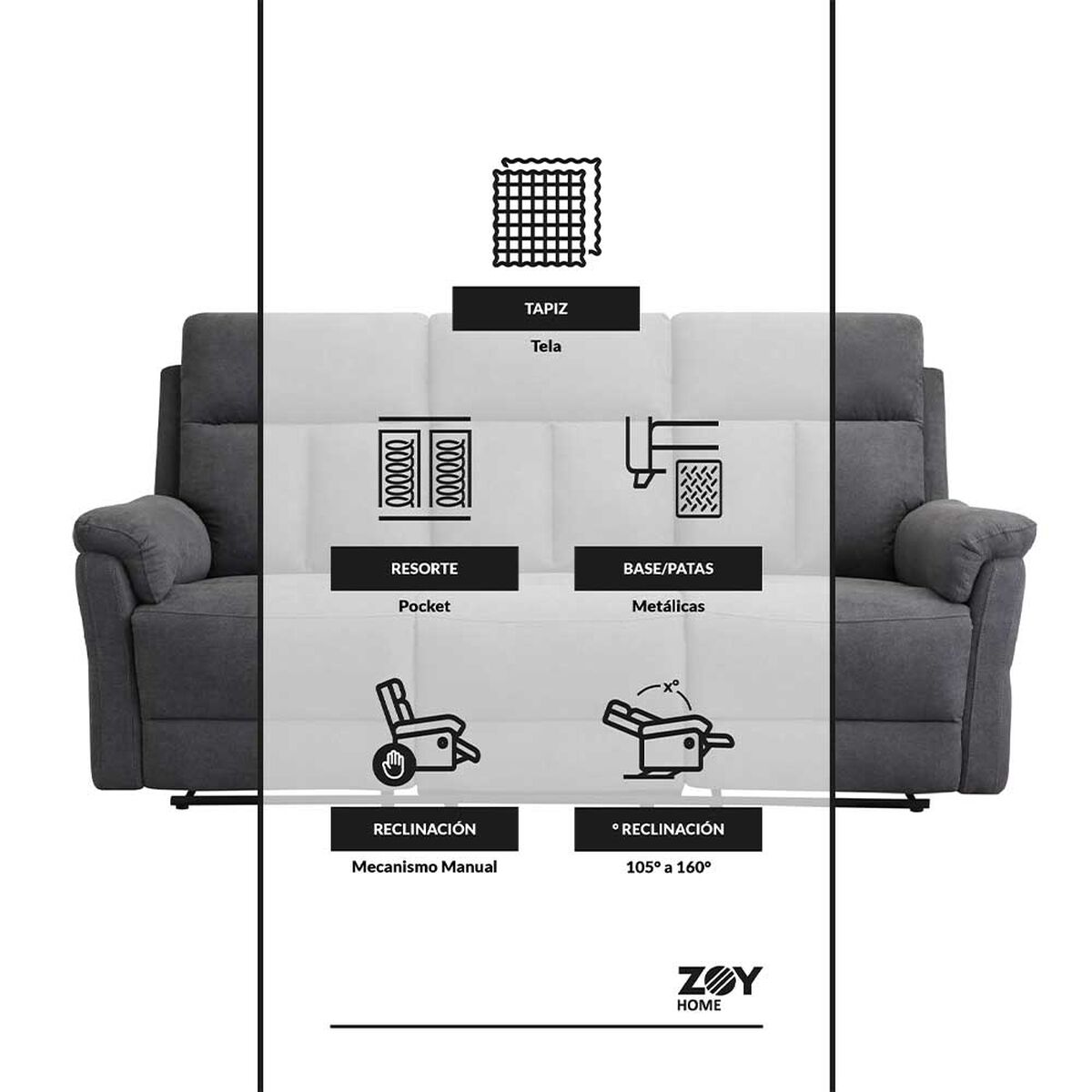Sof&aacute; Reclinable Zoy Home Beijing 3 Cuerpos Grafito