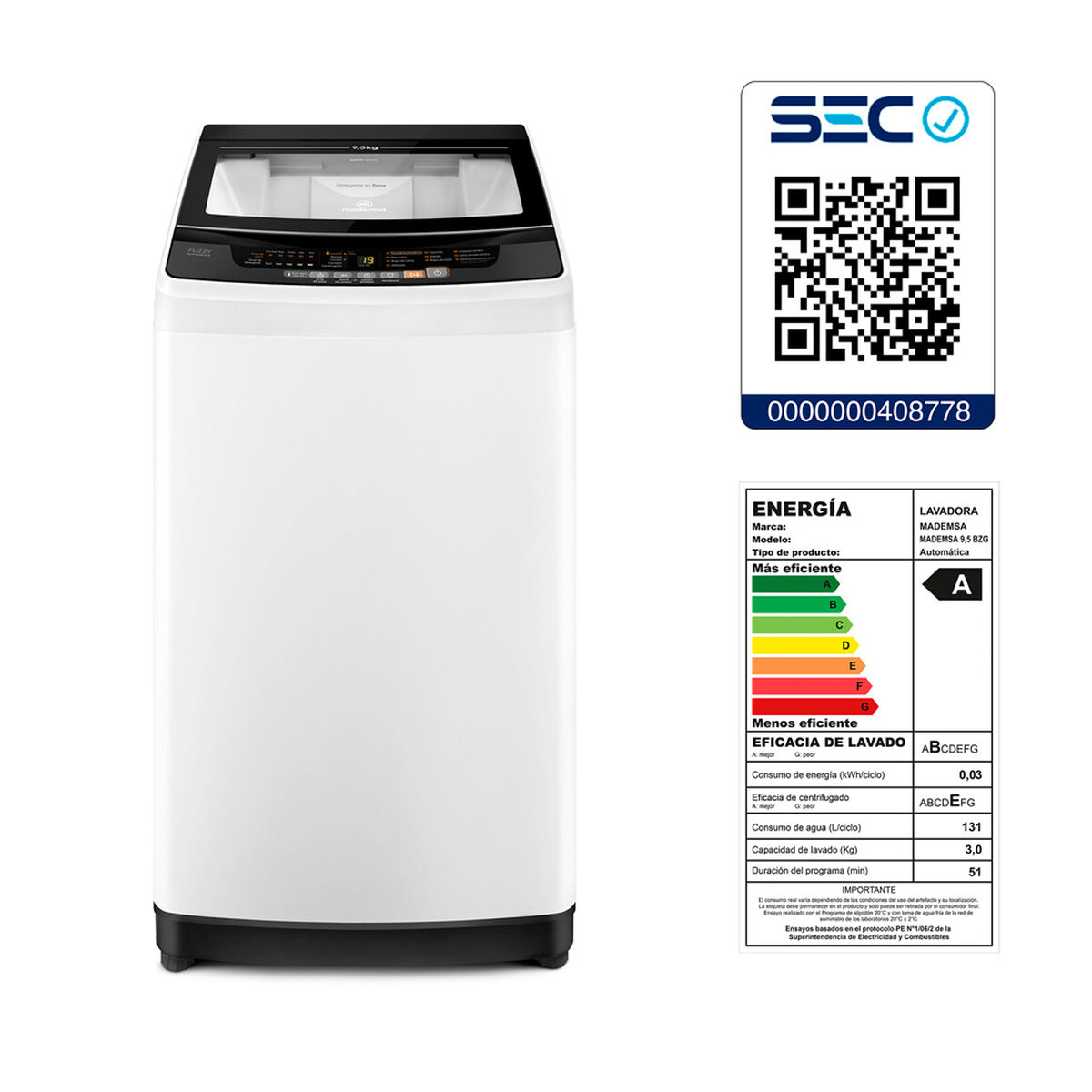 Lavadora Automática Mademsa 9,5 BZG 9,5 kg.