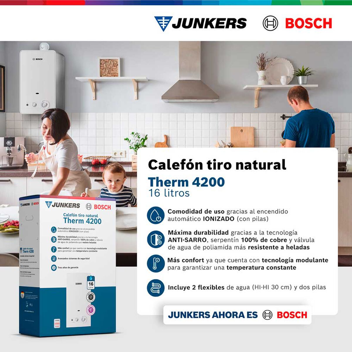 Calef&oacute;n 16 litros gas licuado tiro natural Junkers Bosch Therm 4200