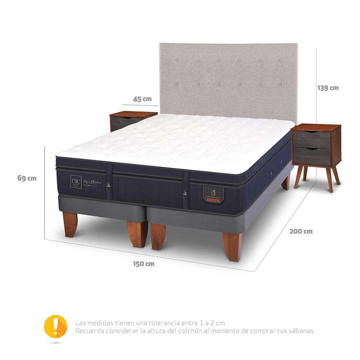 Cama Europea CIC Base Dividida 2 Plazas Súper Premium + Respaldo + Veladores