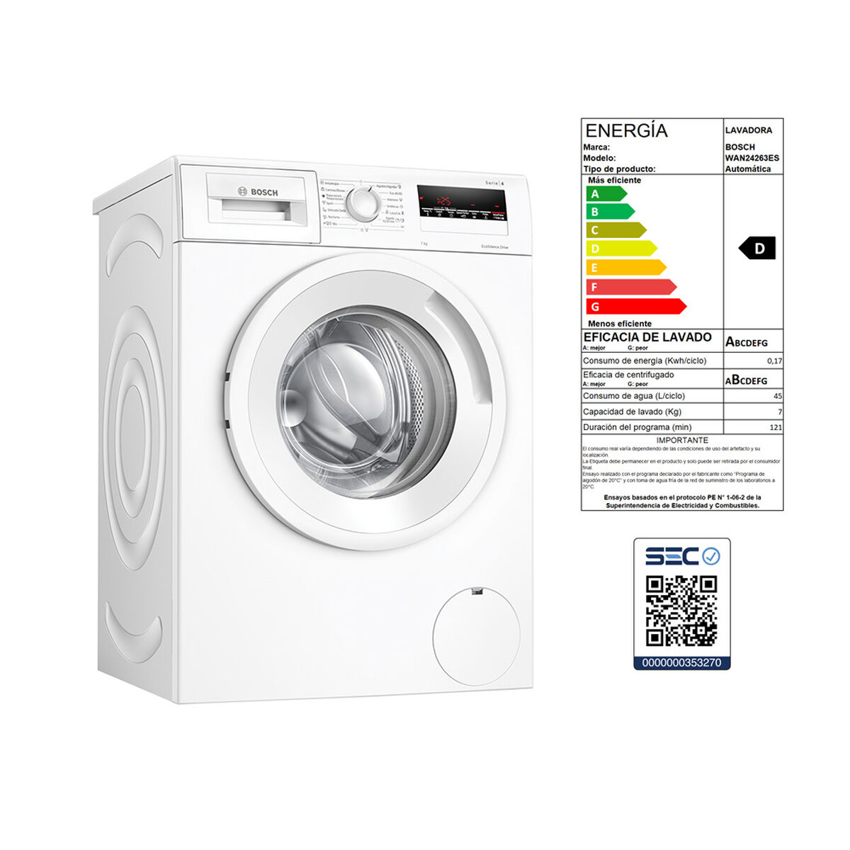 Lavadora Automática Bosch WAN24263ES 7 kgs.