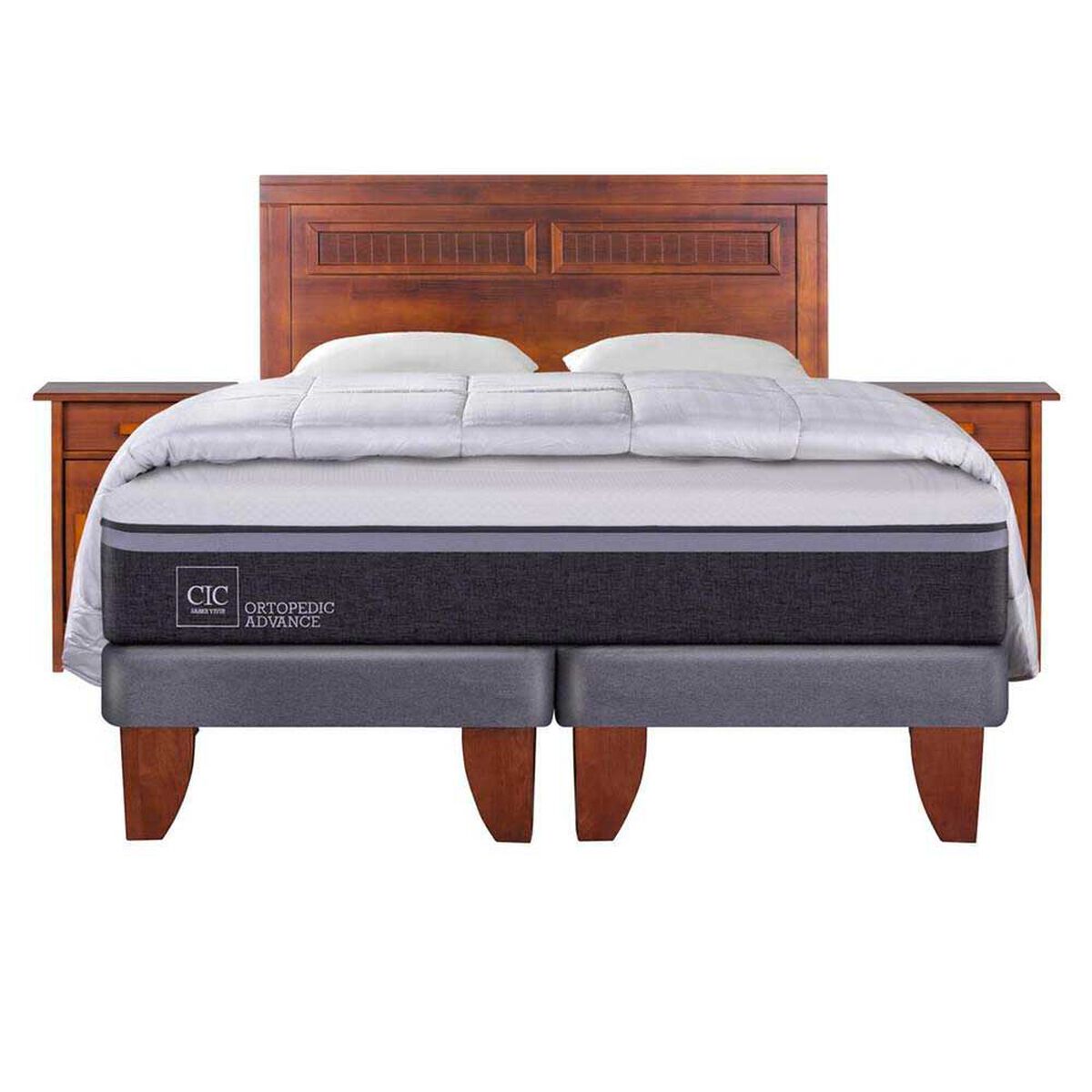 Cama Europea CIC Base Dividida King Ortopedic Advance + Respaldo + 2 Veladores Milan + 2 Almohadas + Plum&oacute;n