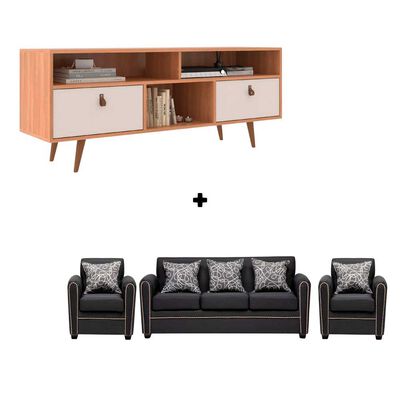 Rack Almore Alemania Freijo Off White y Negro Hasta 55" + Juego de Living 3-1-1