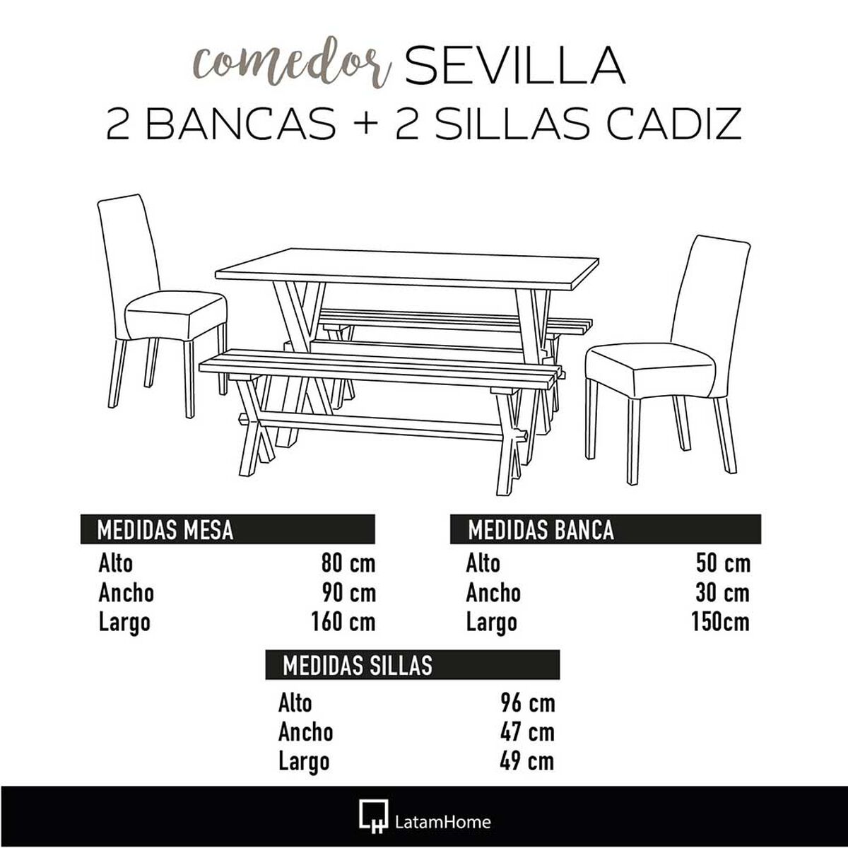 Juego de Comedor Latam Home Sevilla Cadiz 2 Sillas + 2 Bancas Lino Gris Claro