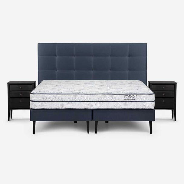 Cama Europea Rosen Base Dividida King Autonomy + Respaldo + 2 Veladores Issey Azul
