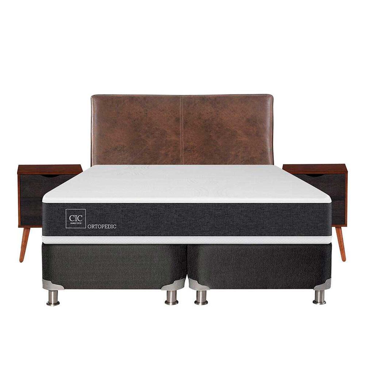 Box Spring CIC Base Dividida 2 Plazas New Ortopedic + Respaldo + 2 Veladores Baker
