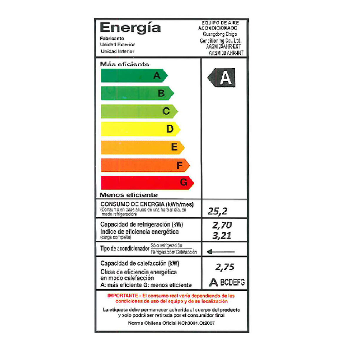 Aire Acondicionado Split Muro On/Off 9000 BTU/h