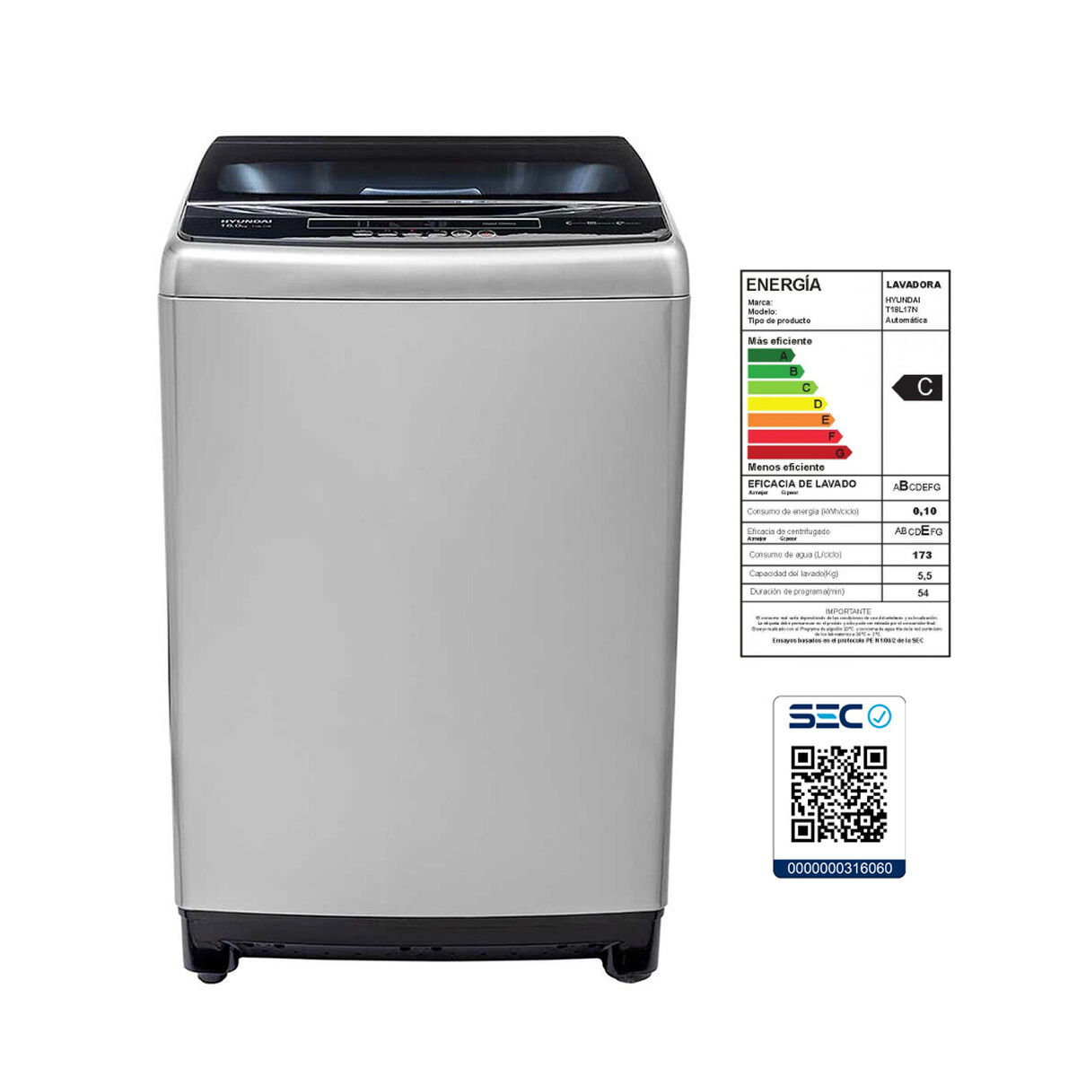 Lavadora Automática Hyundai T18L17N 18 kg