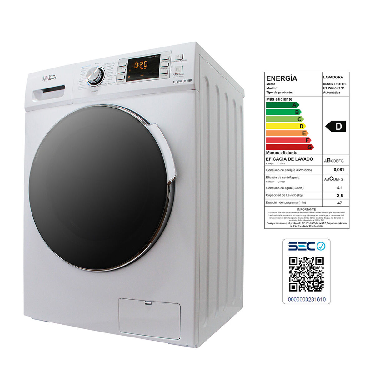 Lavadora Automática Ursus Trotter UT WM 8K 15P 8 kg.