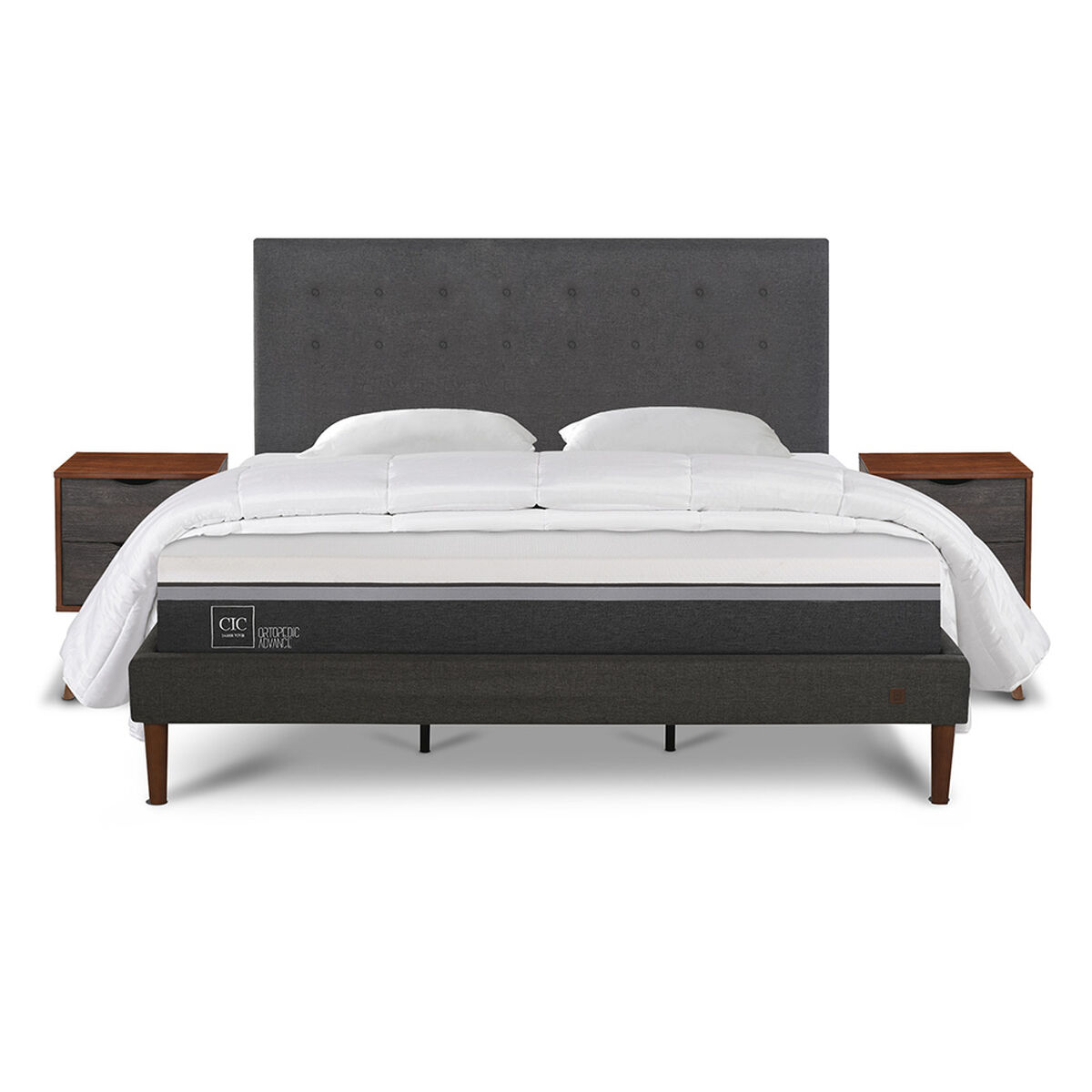 Cama Europea CIC King Ortopedic Advance + Respaldo Eufrates + 2 Veladores + Almohadas + Plum&oacute;n