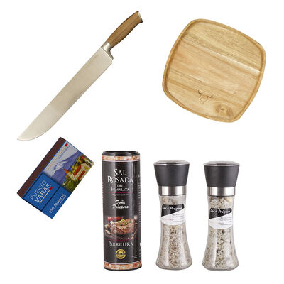 Set Parrillero Wayu Cuchillo Carnicero + Plato de Madera + Mix de Sales + Caja Fósforos