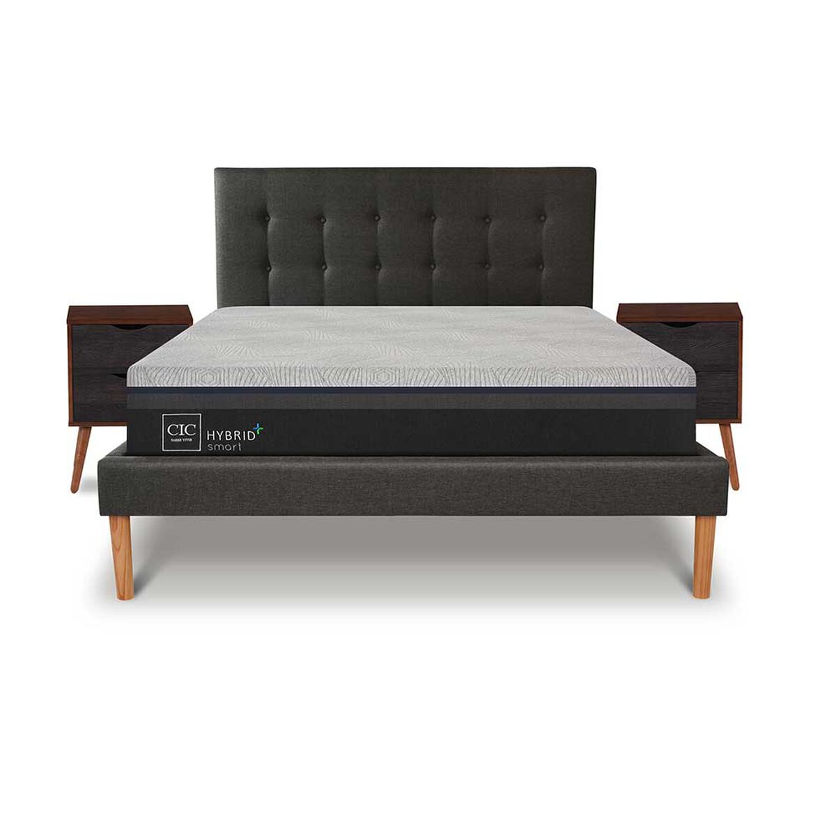 Cama Europea CIC 2 Plazas Hybrid Plus + Respaldo + 2 Veladores