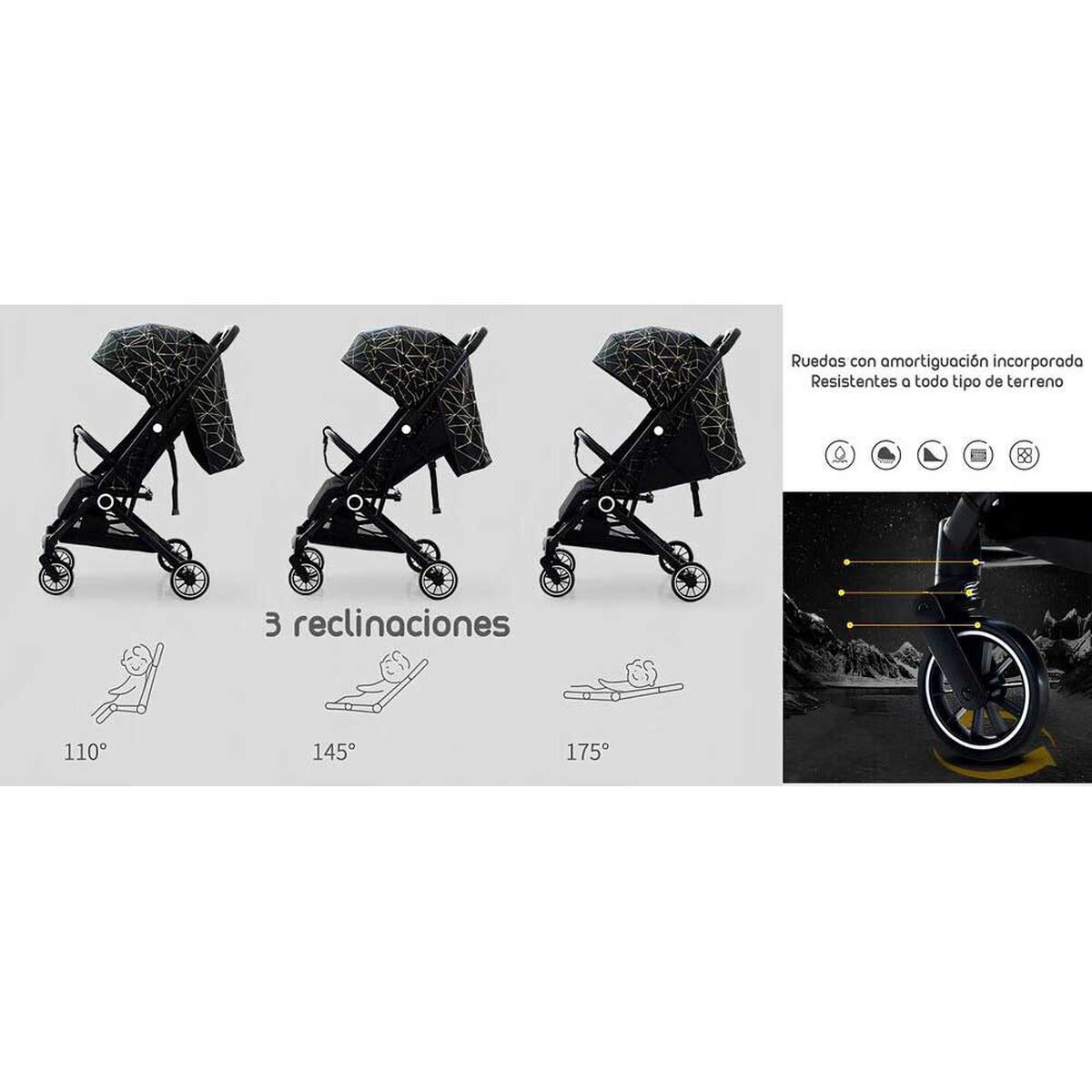Coche de Paseo Últra Compacto con Accesorios LuBabycas Black