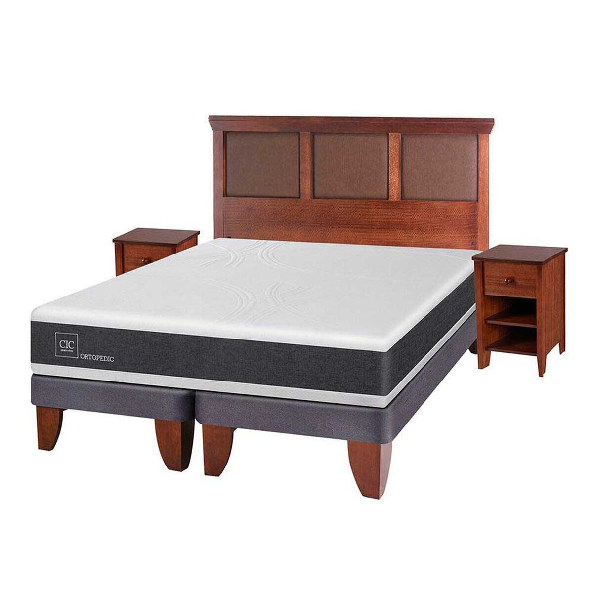 Cama Europea CIC Base Dividida King Ortopedic + Respaldo + 2 Veladores Torino