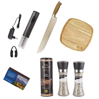 Set Parrillero Wayu Cuchillo Carnicero + Plato de Madera + Sacacorchos Electrico + Mix de Sales + Caja Fósforos