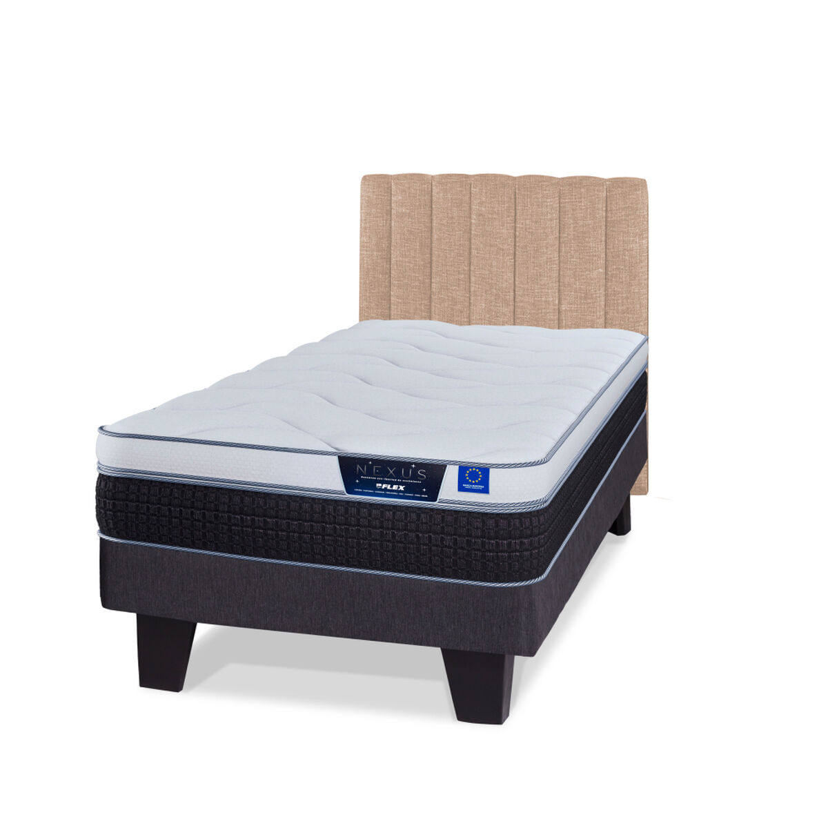 Cama Europea Flex 1,5 Plazas Nexus Box + Respaldo Tubular Beige
