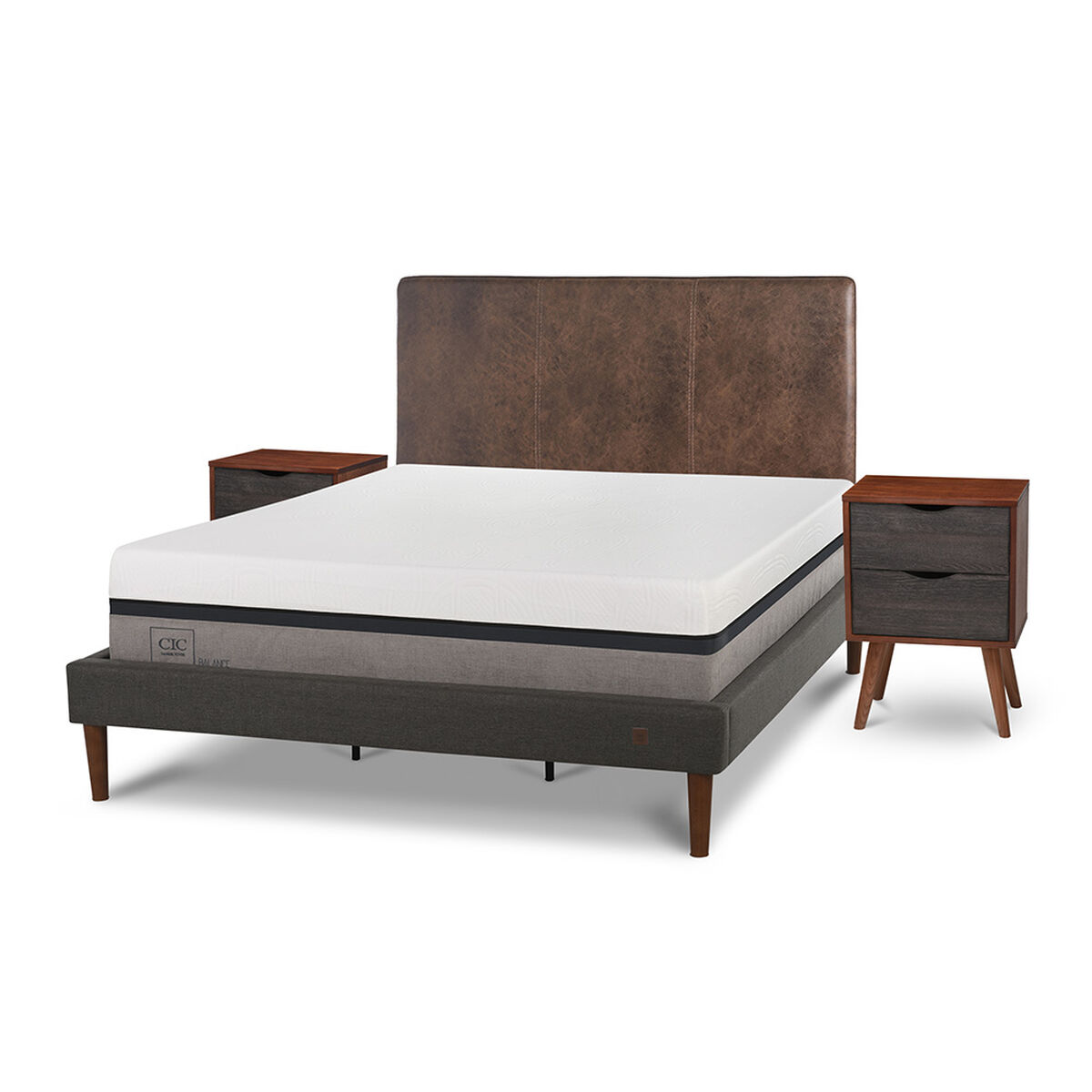 Cama Europea CIC Curve King Balance + Respaldo Baker + 2 Veladores Niger